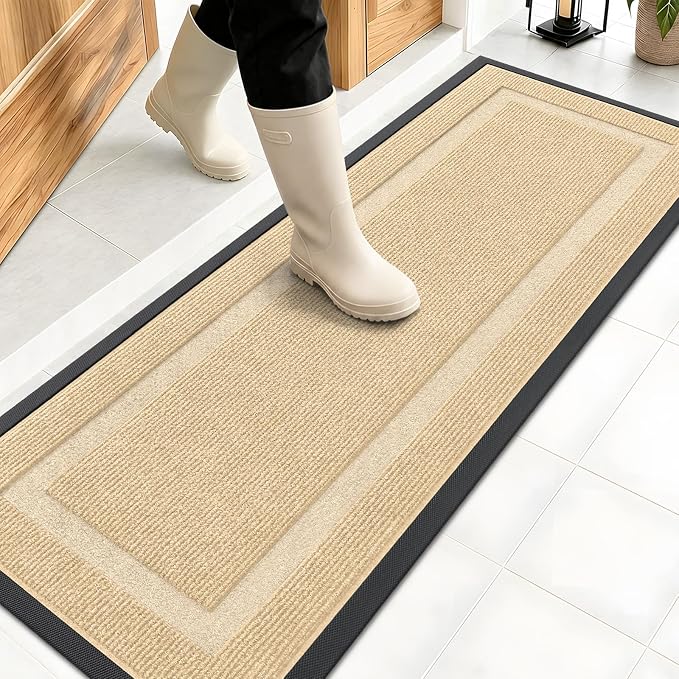 OLANLY Front Door Mat Outside 47x17, All-Season Heavy-Duty Rubber Doormat | Beige, Absorbent, Stain and Fade Resistant, Waterproof Non-Slip Backing, Low-Profile Indoor Outdoor Floor Mat for Entryway