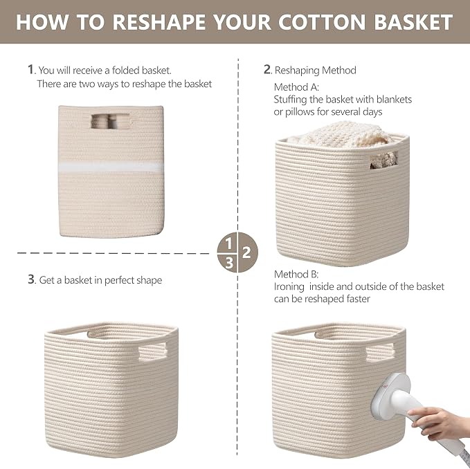 Dreamcountry 11 Inch Cube Storage Bins, Storage Cubes with Handles, 4 Pack Cotton Rope Basket for Shelves, Cube Storage Organizer forToys, Book, Clothes, Home, Office, Nursery, Beige