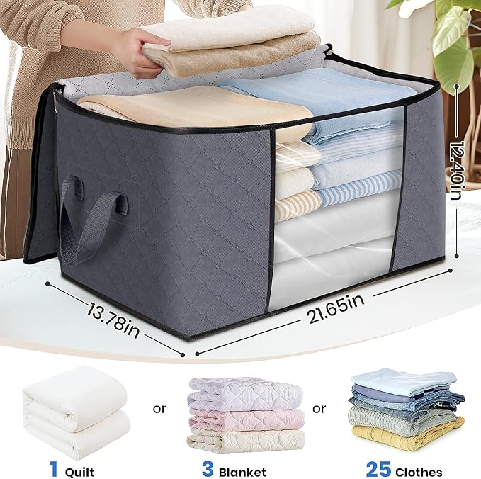 Fab totes 3 Pack Storage Bags for Clothes Blanket Storage Bins with Lids | Foldable Closet Organizers with Zippers,Window and Handles,Fabric Storage Bins for Sweater,Comforter,Bedding,Dorm essentials