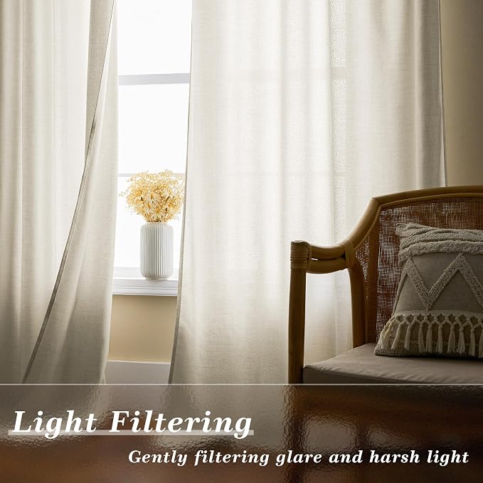 Natural Linen Cafe Curtains 45 Inch Length Small Window 2 Panels | Privacy Light Filtering Semi Sheer, Cream Drape, Rod Pocket, Hook Belt, for Kitchen Bathroom RV, Short Curtain 45 Inches Long