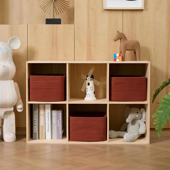 MiniArk Small Organizing Baskets for Cubes Shelf, 9.7x9.7x7.1 Inch Rope Woven Storage Bins for Nursery Shelves Storage, Cute Toy Basket, Square 3 Packs Oxide Red