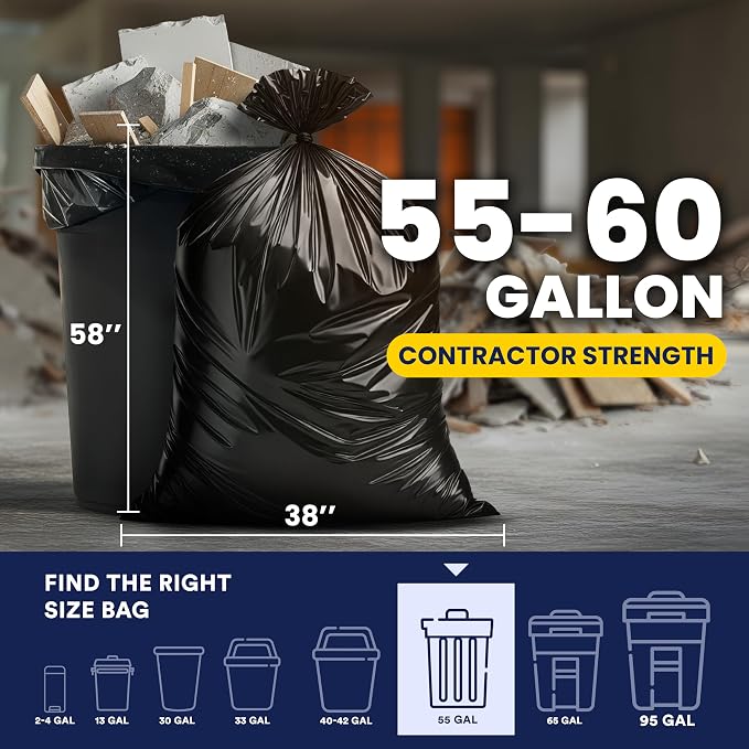 Plasticplace Contractor Garbage Bags: 55 Gallon Trash Bags Heavy Duty, Big Black Trash Bags, 36"x58", 6.0 Mil, Pack of 20
