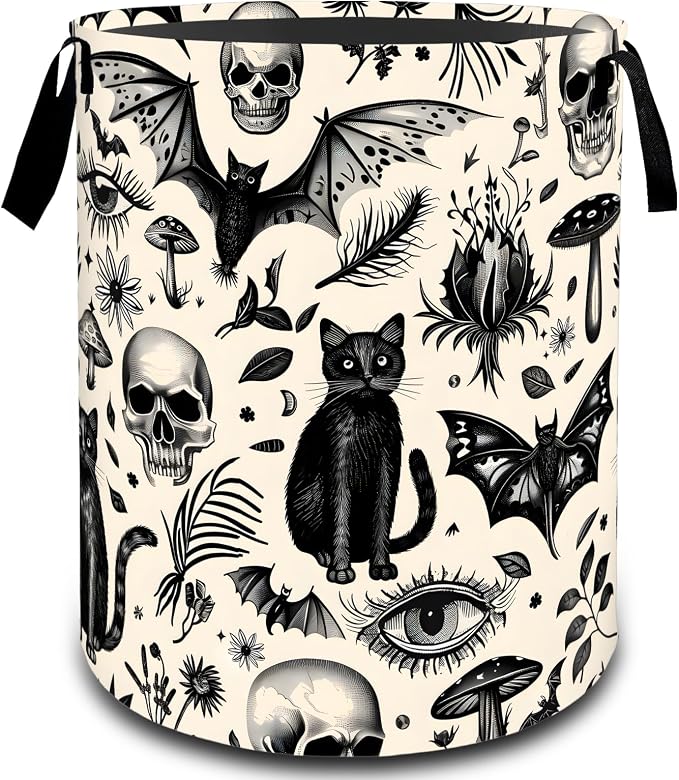 Gothic Black Cat Skull Bat Laundry Basket, Dirty Collapsible Clothes Toy Organizer Hamper for Kids Adults, Oxford Cloth Waterproof Storage Bin for Bathroom Halloween Decor Gifts, 19.7"X15.7"