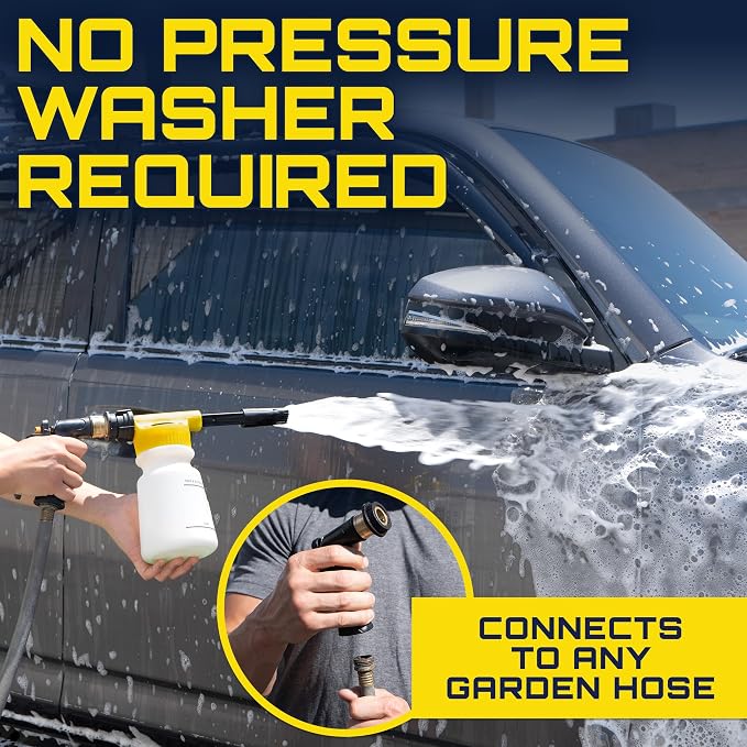 Clean Car USA Foam King™ Car Wash Foam Gun & Microfiber Mitt, Foam Sprayer | Garden Hose Attachment, 6 Settings + Rinse Mode, Fits 3/4 in 5/8 in 1/2 in Hoses, Microfiber Towel, Threaded Connector