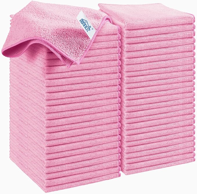 HOMEXCEL 50PK Microfiber Cleaning Cloth, Cleaning Rag for Home, 11.5x11.5in | Reusable, Lint Free, Scratch-Free and Highly Absorbent Towels for Kitchen, Window and Glass, Cars, Pink