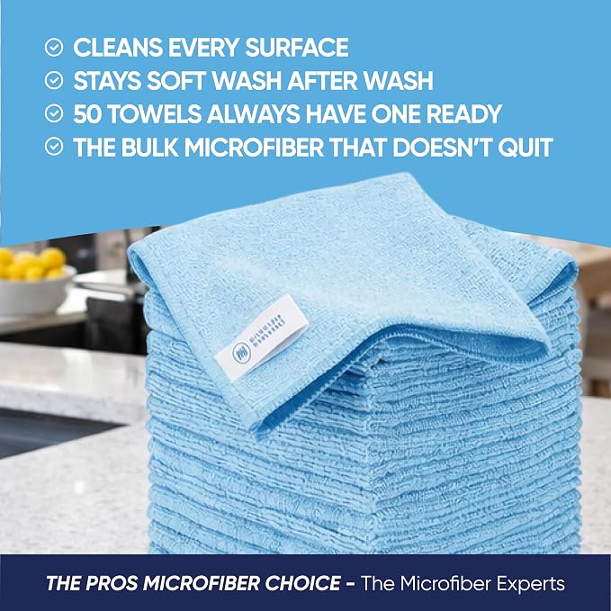 Bulk 12” X 12” All Purpose Microfiber Towels Wholesale - Case Quantity (400 Count) | No Fraying | High Density Microfiber | Zero Chemical Cleaner | Long-Lasting (Blue)