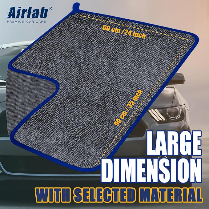 Airlab Microfiber Towels Cars Wash Drying Cleaning Cloth, Grey-Blue | Thick Plush Auto Detailing Super Absorbent for Interior & Exterior Lint Free, Streak Free, 35 x 24 Inch, Pack of 1
