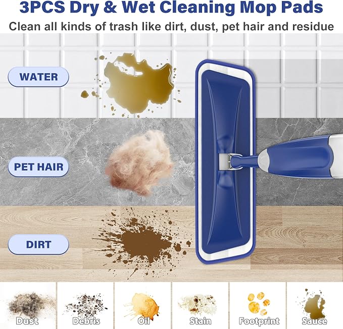 Microfiber Spray Mop for Floors Cleaning: Wet Dry Hardwood Floor Mops | 3 Washable Reusable Pads for Swiffer Powermop, Flat Mop with Sprayer, Hosewife Dust Mop for Tile Wood Laminate Vinyl Marble