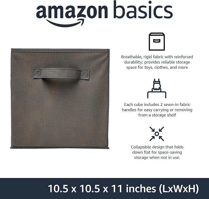 Amazon Basics Collapsible Fabric Storage Cubes Organizer with Handles, Sturdy, Foldable, Space-Saving, 10.5"x10.5"x11", Gray, 6-Pack