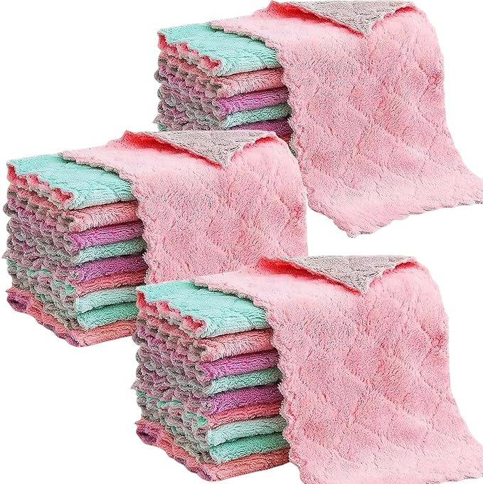 Reusable Microfiber Kitchen Cleaning Cloths – Super Absorbent, Quick-Drying Dish Towels for Kitchen Car Furniture Bowl Tea. 10.6" x 6.3" Coral Velvet Dishcloths Lint-Free Machine Washable 24 Pack Rags
