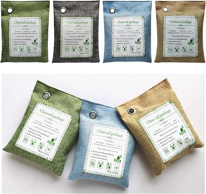Bamboo Charcoal Bags Odor Absorber, 100g, 2 Packs, with Steel Hooks | Charcoal Deodorizer Bags with Hooks, Nature Bamboo Charcoals Air Purifying Bags, Activated Charcoals Odor Absorbers