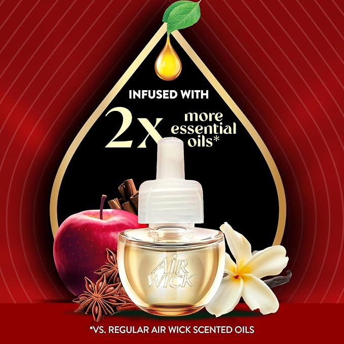 Air Wick Vibrant Plug In Scented Oil Refill,Infused with Essential Oils,Plug In Air Fresheners for Home,Fall Scent,Fall Décor,Warm Apple & Cinnamon,5 ct,(Pack of 2)