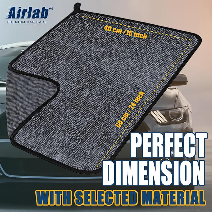 Airlab Microfiber Towels Cars Wash Drying Cleaning Cloth, Black-Grey | Thick Plush Auto Detailing Super Absorbent for Interior & Exterior Lint Free, Streak Free, 24 x 16 Inch, Pack of 2