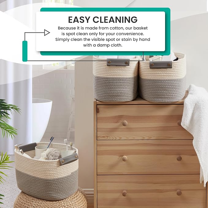 3 Pack Woven Cotton Rope Storage Basket, 15x10x9, White/Gray | Faux Leather Handles; Decorative Closet Shelf Organizer; Ideal for Storage & Organization
