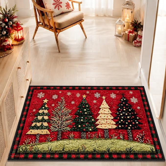 Christmas Tree Area Rug 15.7x23.6 Inch, Faux Cashmere Non Slip Floor Mat, Red Snowflake Holiday Rug for Entryway Bedroom Kitchen (Christmas Tree, 15.7x23.6inch)
