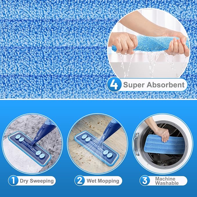 Microfiber Hardwood Floor Mop - Spray Mop with 4 Washable Pads | Wet Dry Use Mop, For Tile Wood Laminate Vinyl Marble Multi-Surface, 500+ ML Refillable Bottle, 360° Swivel Head, Dark Blue