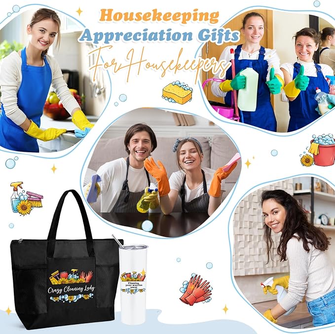 Sieral Housekeeping EVS Week Appreciation Gift, Cleaning Lady, Black | Insulated Tumbler 20oz & Large Tote Bag Set for Women Custodian School Healthcare Cleaning Crew House Cleaner Maid Janitor