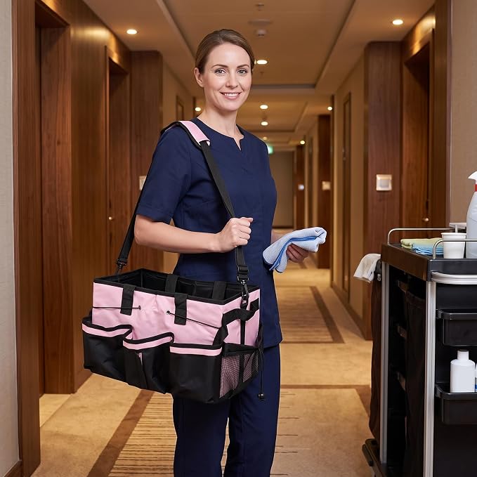 Large Capacity Portable Housekeeping Tote Bag with Adjustable Shoulder Strap and Handle, Oxford Cloth Cleaning Caddy with Detachable Divider and Multi Pocket Design for Hotels