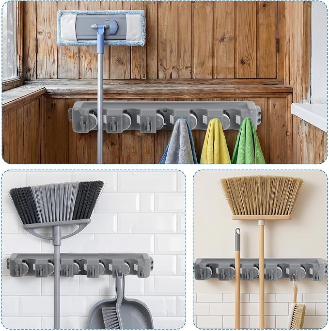 HOME MASTER HARDWARE (2 Pack 16 in Broom Mop Holder Garage Storage Organizer with 5 Racks 6 Hooks Adjustable Wall Mounted Storage Tool for Lanudry Garage Kitchen Garden