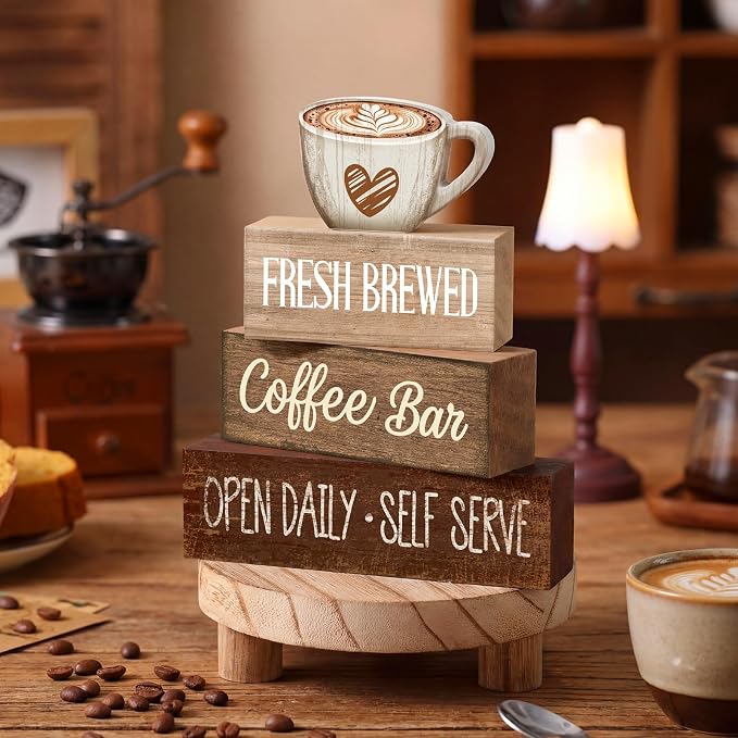 Moucuny 4 Pcs Coffee Bar Wooden Sign Decor Rustic Farmhouse Kitchen Table | Tiered Tray Centerpiece, Bar Supplies for Home, Self Serve Display, Station Decorations for Countertop, Rustic Gift