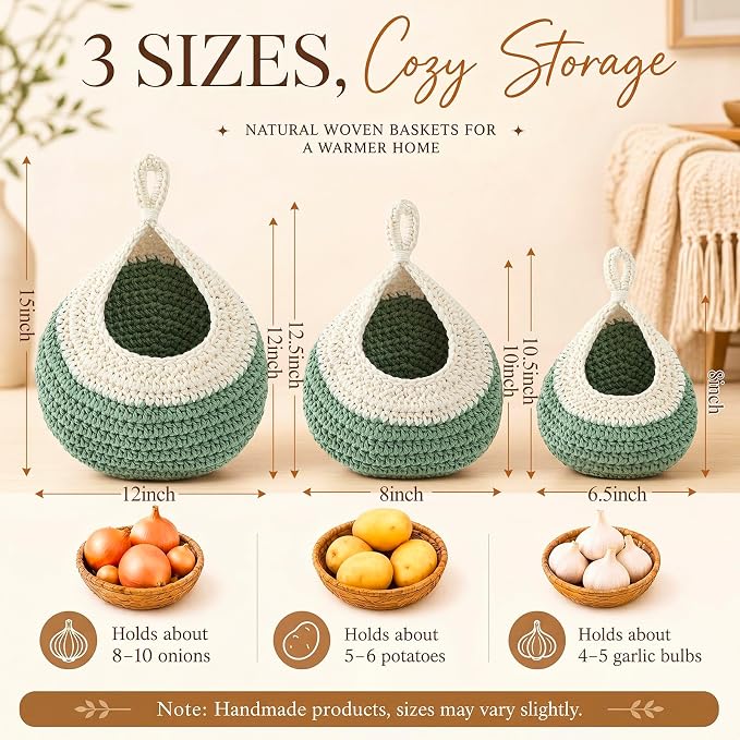 3 Hanging Baskets,White with Sage Green,Teardrop,Cotton Rope | Wicker Wall Baskets with Hooks for Fruit Vegetable Onion Storage, Teardrop Organizer for Kitchen, Boho Farmhouse Decor