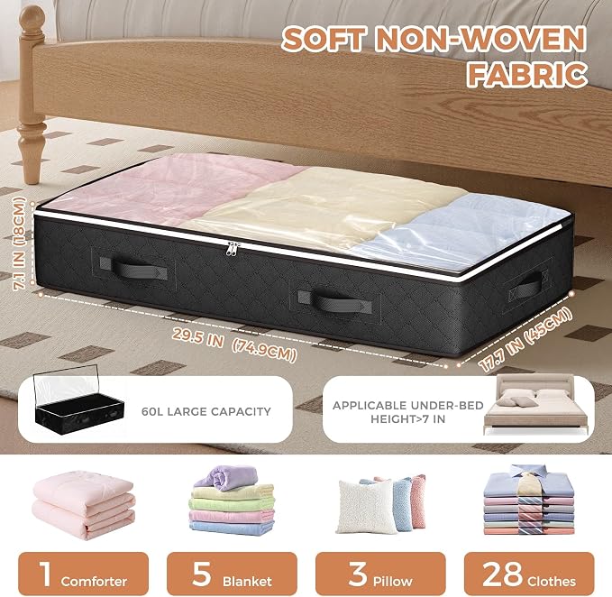 Budding Joy Under Bed Storage Containers with Clear Lids, 4 Pack | Underbed Storage Bags for Blankets, Towels, Comforter, Sweaters, Linen Sheets, Wrapping Paper