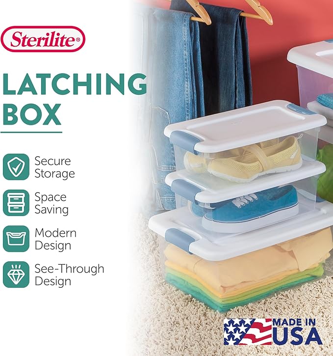 Sterilite Latching Box with Lids for Home and Office, 6 Quart, 12-Pack | Heavy-Duty and Stackable Plastic Containers with Latches for Closet, Cabinet, Bedroom, Bathroom and Dorm Room Organization