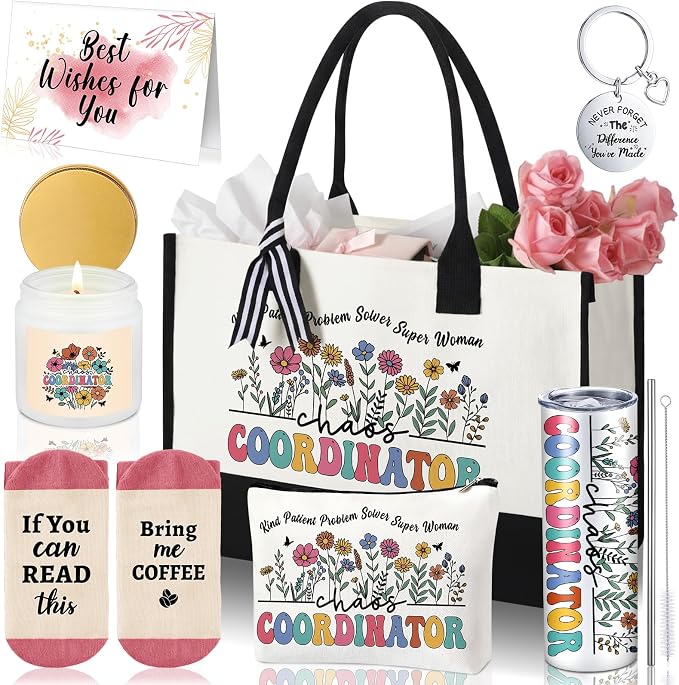 Patelai 7 Pcs Chaos Coordinator Gifts for Women Thank You Coordinator Bag | Funny Basket Self Care Set with 20oz Tumbler Tote Socks Candle Unique Problem Solvers Gift for Coworker Employee Lady Manager