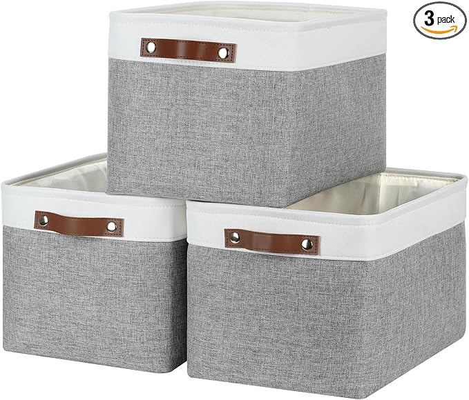 DULLEMELO Storage Baskets for Organizing, Rectangular Fabric Storage Bins Collapsible, Perfect for Shelves, Closets, Empty Gift Baskets (3-Pack Medium-15 inch X 11 inch X 9.5 inch , White&Grey)
