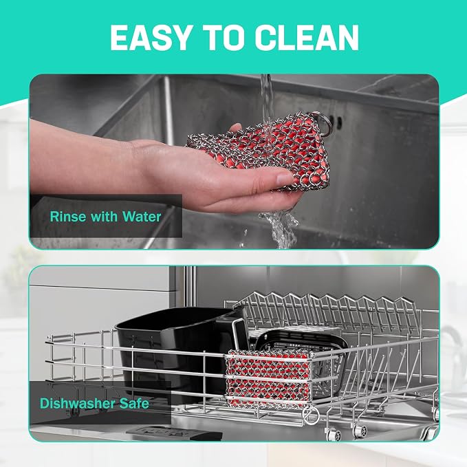HAUSHOF Cast Iron Scrubber, Chainmail Scrubber Cast Iron Cleaner | Multi-Purpose Cleaning;Easy to Clean;Soft Silicone Liner;Protects Cast Iron Seasoning