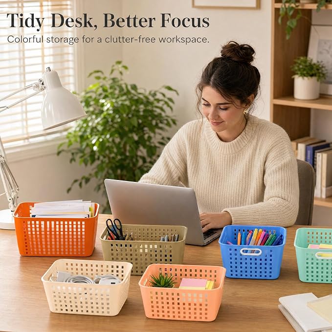 6 Pack Plastic Classroom Storage Baskets, Organizer Bins with Handle | Vintage Color 11" × 7.1" × 4.6" Medium Papers Book Storage Organizer for School Classroom Library Office Home Desktop Closets