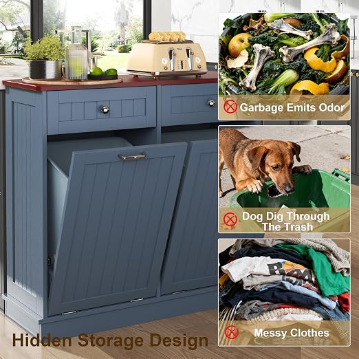 LOUVIXA Tilt Out Trash Can Cabinet with Double Hidden Trash Bin Holder, Kitchen Free Standing Recycling Cabinet,Dog Proof Trash Can,Wood, Blue