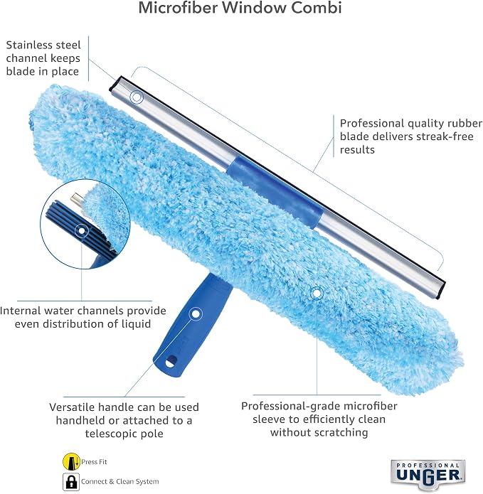 Unger Professional 2-in-1 Squeegee & Scrubber - 10” Window Cleaning Tool – Cleaning Supplies, Squeegee for Window Cleaning, Commercial & Residential Use, Microfiber Sleeve