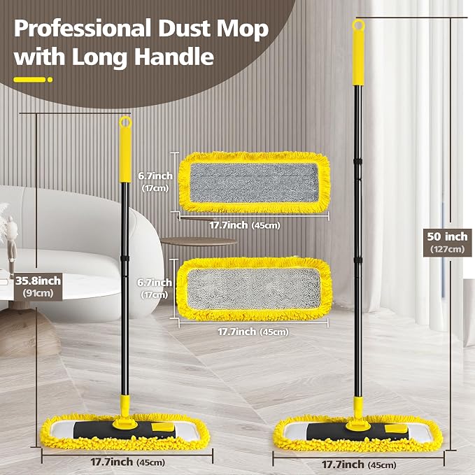 Dust Mop with Microfiber & Chenille Pads, Dry Wet Flat Mop for Cleaning Hard Wood Laminate Tile Vinyl Kitchen Bathroom Home (Yellow)