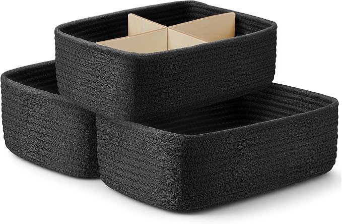 3 Pack Small Baskets for Organizing, Woven Storage Baskets for Shelves | 11.8x7.8x3.8 in Cotton Rope Baskets, Toy Baskets Storage Kids, Basket Organizer, for Living Room, Bedroom, Nursery, Black