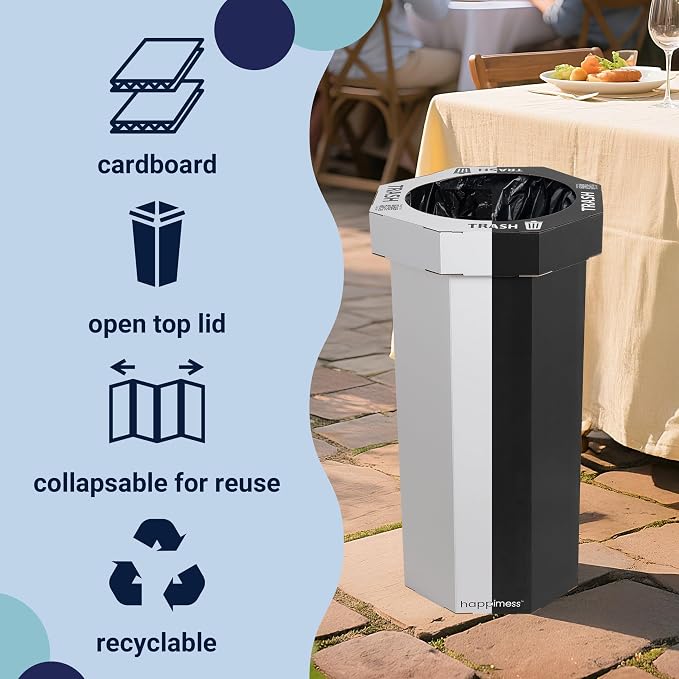 happimess Fleur 25 Gal Trash Can Bin, Charcoal Black/Cotton White, Set of 2 | Event Recycling, Traditional Classic Disposable Corrugated Cardboard, 32" Height, 16" Width, 16" Depth