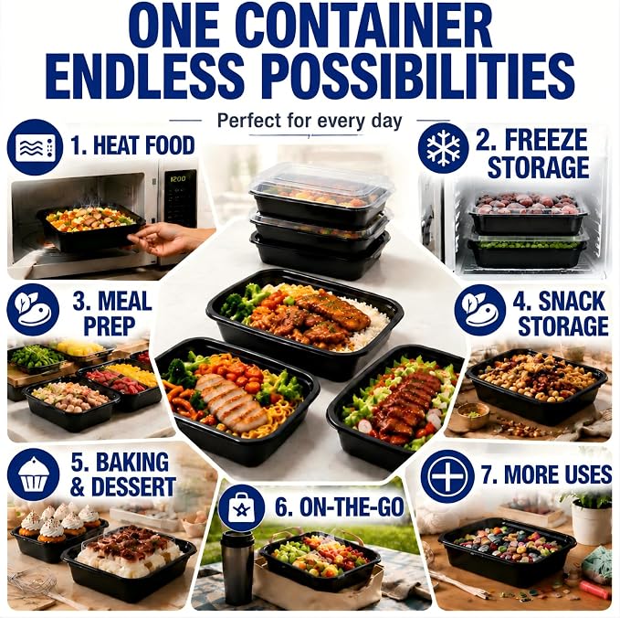 50 Pack 32 oz Meal Prep Containers Reusable BPA Free, Plastic Containers with Lids Microwave/Freezer/Dishwasher Safe, Disposable Food Storage Containers, To Go Containers Leakproof for Leftover