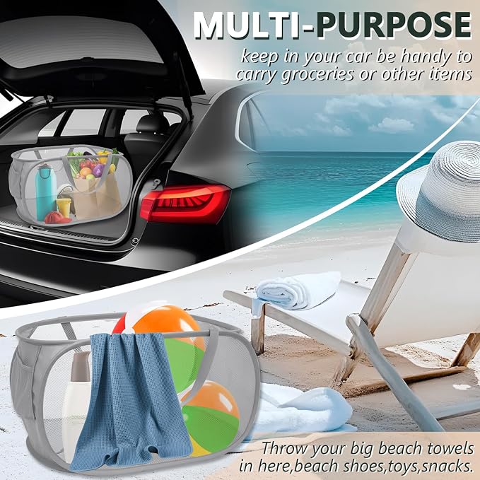 Collapsible Laundry Hamper Basket,Pop Up Mesh Foldable Bag for Laundry Room | folding horizontal laundry durable baskets with handles & side pocket travel for bathroom,Kids room,college dorm(Double Grey)