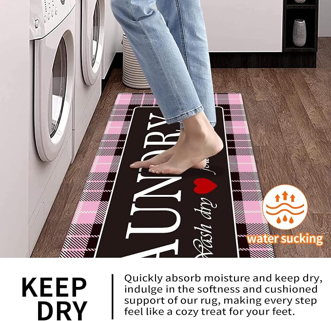 XLHOMO Laundry Room Rugs and Mats, 17"x47" Buffalo Plaid Pink Laundry Room Rug Runner Washable Non Slip, Farmhouse Laundry Mats for Floor, Mudroom, Kitchen, Washroom, Bathroom, Entryway Carpet Decor