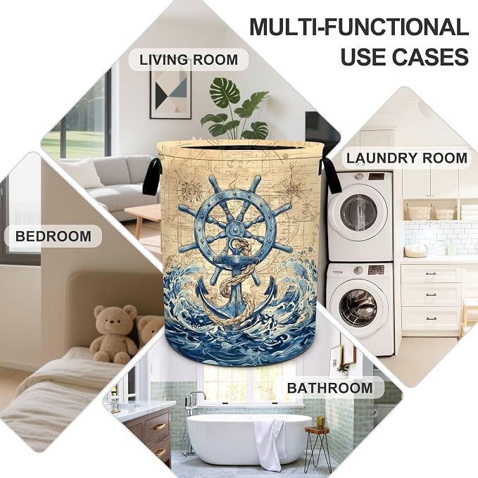 Nautical Laundry Basket Foldable Oxford Laundry Hamper With Handle For Room Bathroom Bedroom