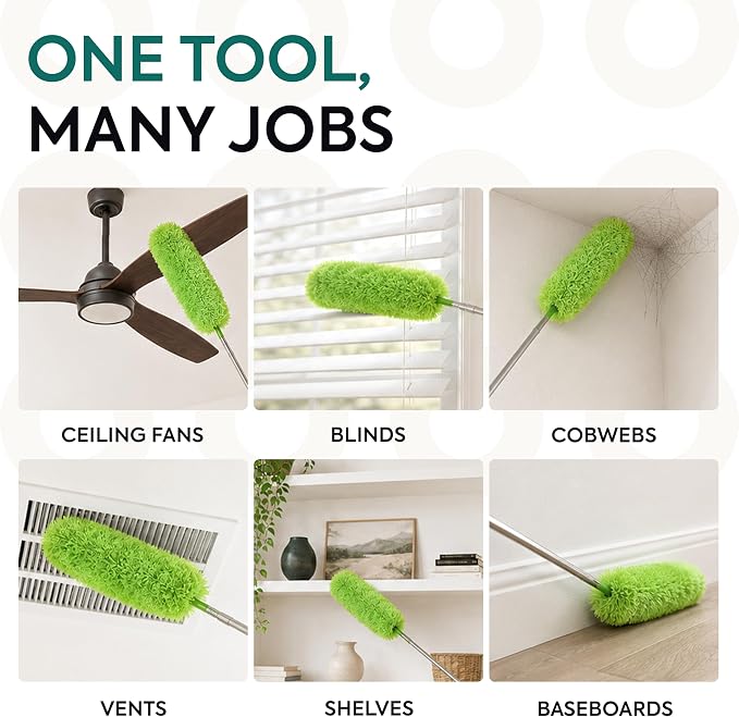 GÜTEWERK Extendable Microfiber Duster, 55 Inch - Feather Dusters for Cleaning Ceiling Fans, Blinds, Baseboards & High Ceilings - Washable, Electrostatic, 360° Bendable Head, Stainless Steel Pole