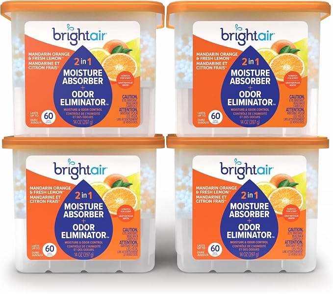Bright Air Mandarin Orange & Fresh Lemon, 2-in-1 Moisture Absorber & Odor Eliminator, Case of 4, Lasts up to 60 Days Each