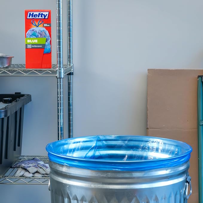 Hefty Large Blue Trash Bags, 30 Gallon, Unscented, 36ct | 30G Blue Trash Bags, Drawstring Closure, Puncture-Resistant, Use in Garage, Outdoors, or for Storage