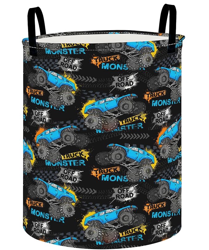 Collapsible Round Storage Basket, Waterproof Soft-Sided Organizer,Laundry Basket(Monster Truck)