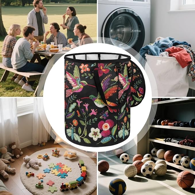 Vintage Flower Hummingbird Foldable Trash Bag with Lid and Handles 24 Gallon Large Capacity Collapsible Garden Leaf Bin Reusable Waster Bags for Camping Outdoor Picnics