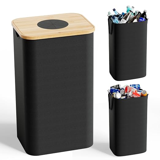 26 Gallon (100L) Recycling Bins for Kitchen with Bamboo lid, Black | with 2pcs Removeable and Reusable Inner Bags, Oxford Fabric, Recycle Trash Bin for Indoor Bottle Can Glass Plastice