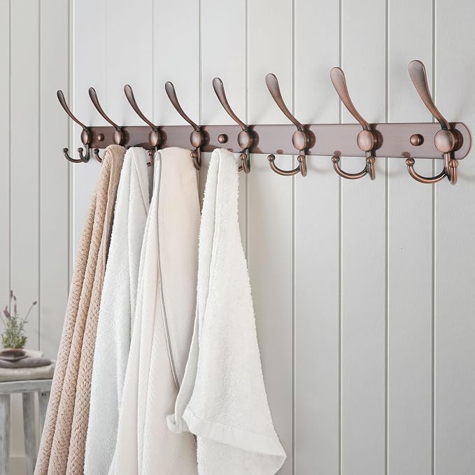 Dseap Coat Rack Wall Mount - 29.5” Long 8-Tri-Hooks Heavy Duty Coat Hanger Rail Wall Hooks for Hanging Coats Hats Clothing Clothes Purse Mudroom Entryway, Pack of 2