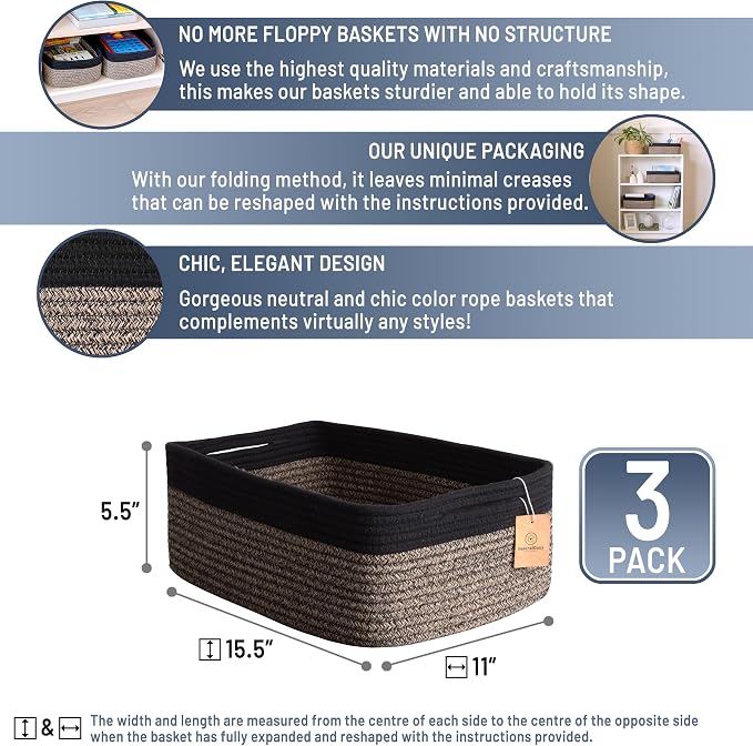 Woven Rope Baskets for Organizing, 3 Pack, 15.5 x 11 x 5.5" Storage Bins | Storage baskets and organizer bins for shelves, pantry, closet storage, toy organizer, bathroom storage, nursery, towels