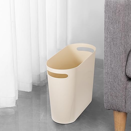 Small Bathroom Trash Can, 3.5 Gallon Slim Garbage Can, 2 Pack Cream | Plastic Waste Basket with Handles for Bathroom, Bedroom, Dorm, Kitchen, Office and Narrow Spaces
