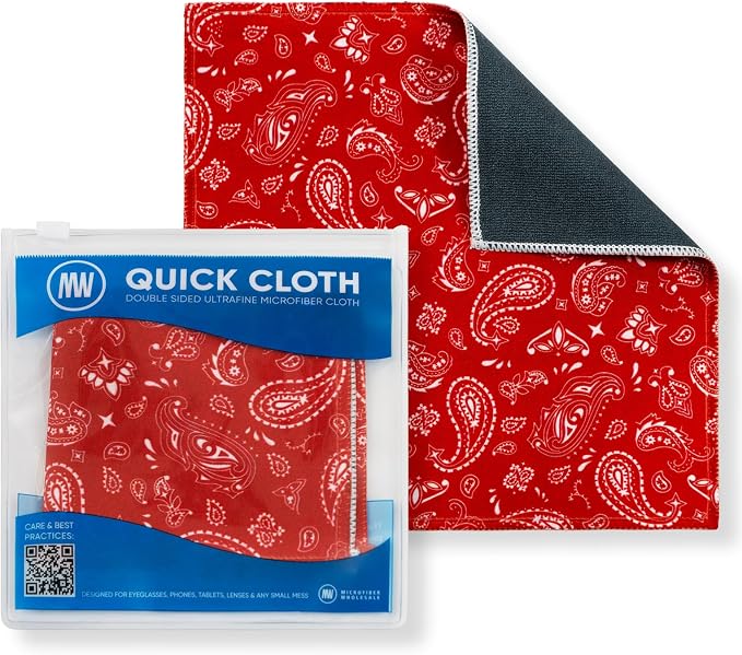 Microfiber Wholesale Quick Cloth Glasses Cleaning Cloth 8x8 Paisley Red | 1-Pack with Case | Double-Sided Lens Cleaner for Eyeglasses, Camera & Screens | Reusable Microfiber Glass Polishing Cloths